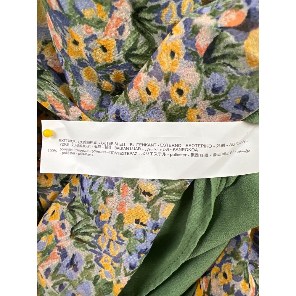 Zara Mini Dress Womens XS Green Floral Pleated Shift Tie Neck Cottage Core - Picture 4 of 11